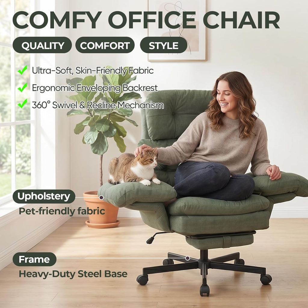 Criss Cross Office Chair with Foot Rest, Big and Tall Office Desk Chair with Flip Armrests for Pets & Cross Legged Sitting, Comfy Executive Ergonomic Reclining Computer Gaming Vanity Chair, Green