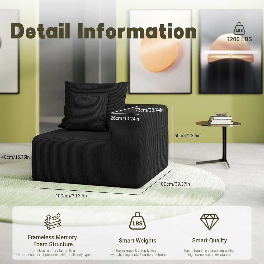 39" Modular Single Cloud Sofa, Corduroy Corner Chair Left Arm Module(Black)