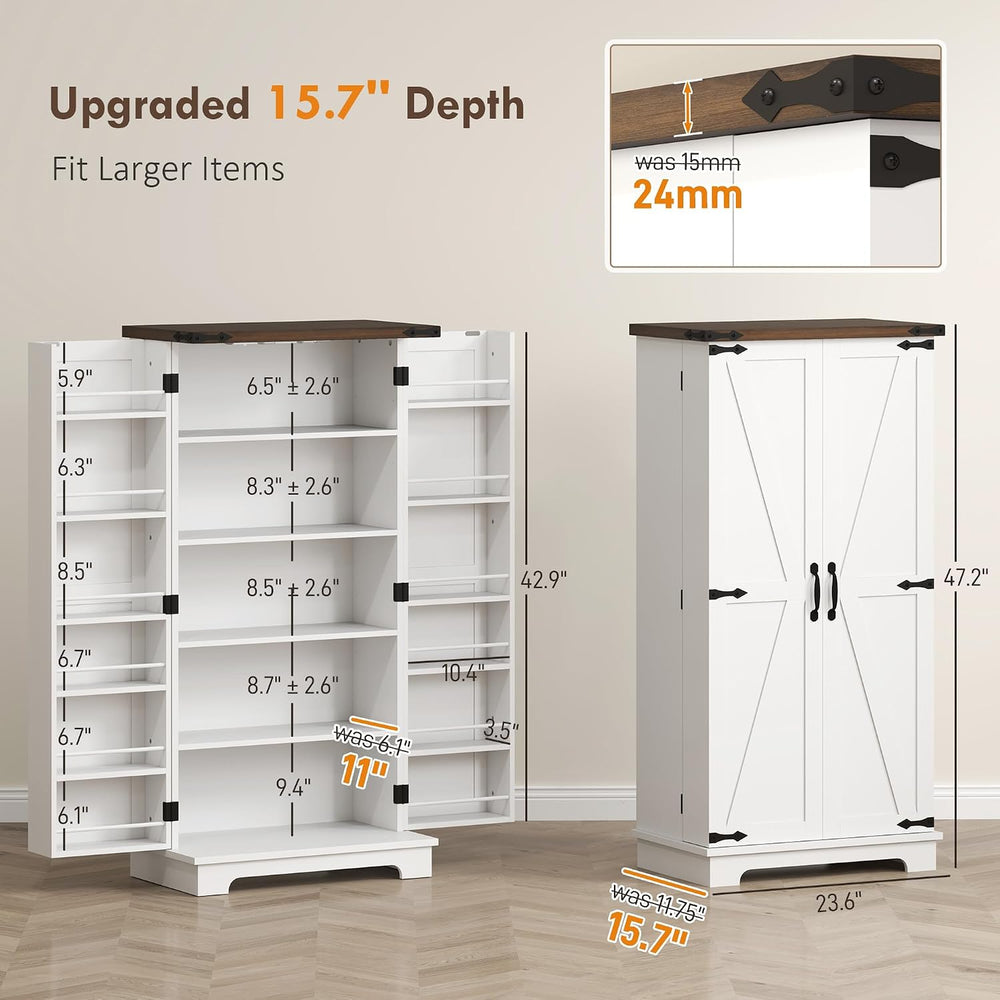HOMCOM 47" LED Kitchen Pantry Cabinet with Barn Door 5 Deep Shelves Whit...