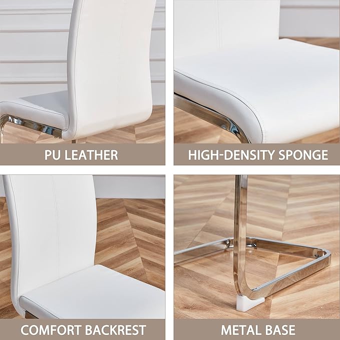 AZmac Modern Leather Dining Chairs Set of 8,Armless Kitchen Chairs,Dining Room Chairs with Upholstered Padded Seat and Sturdy Chrome Legs for Dining Room,Kitchen (Set of 8, White+PU Leather)
