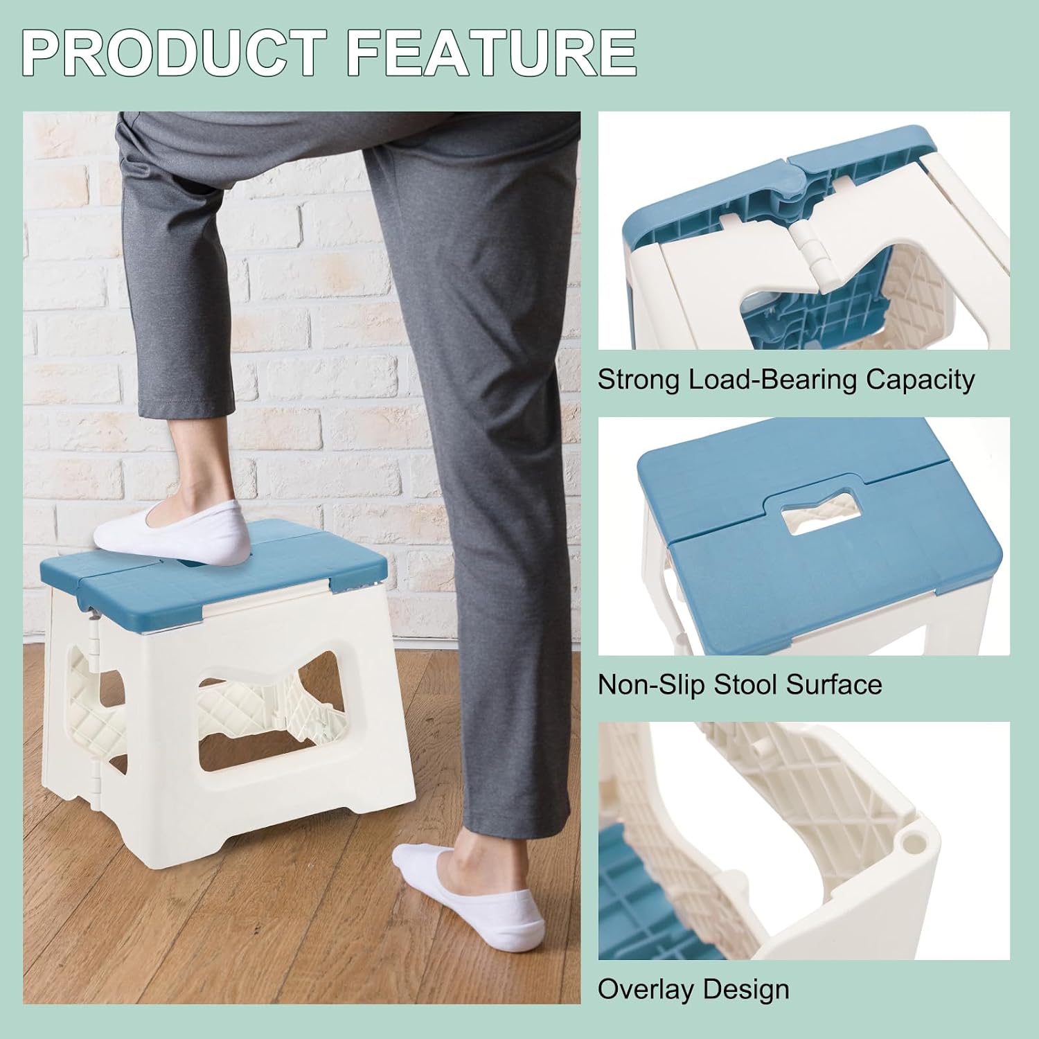uxcell 8" Folding Step Stool for Adults 165 lbs Capacity Non-Slip Step Stool with Handle Collapsible Foot Stools, Blue Small Stepping Stool for Bathroom, Bedroom, Kitchen
