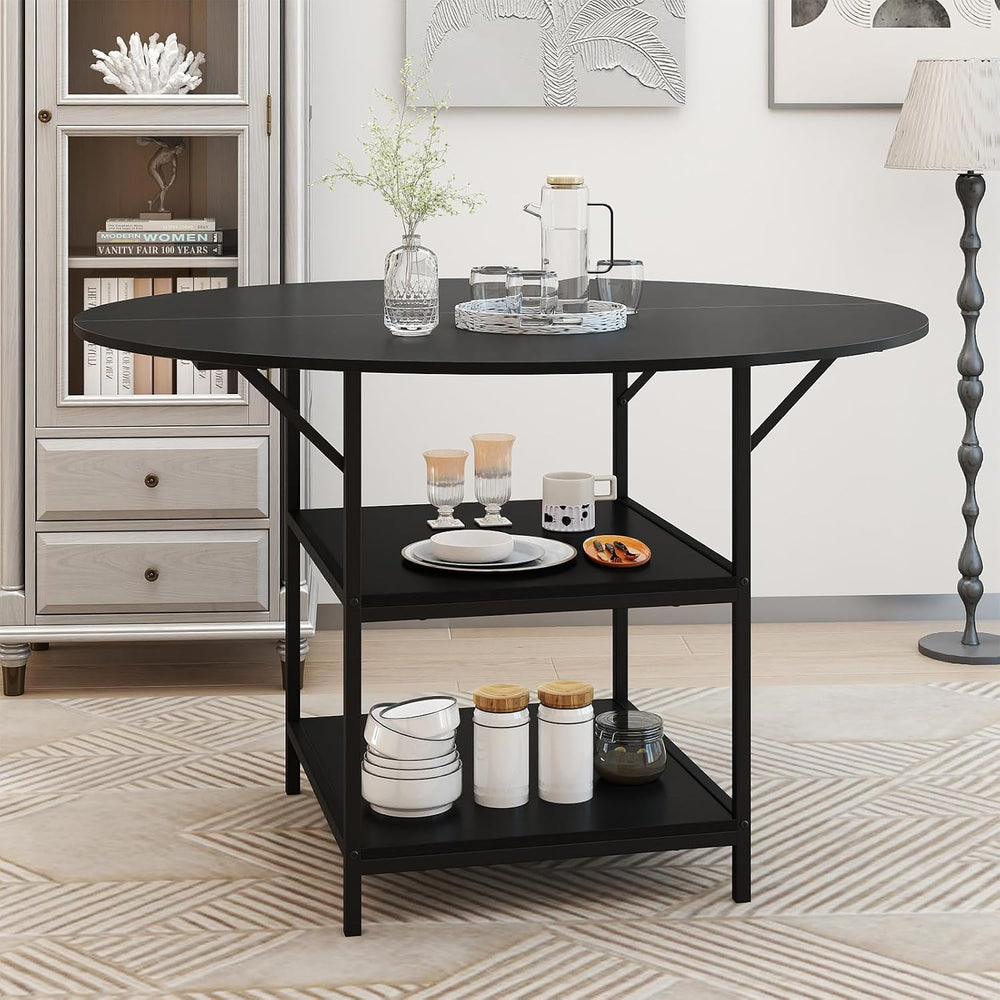 GOFLAME Round Dining Table for 4-6 People, 47” Kitchen Table with 2-Tier Stor...