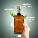 Vine Creations Amber Glass Soap Dispenser Set, Dish Soap and Hand Soap Dispenser Set with Stainless Steel Pump, 16 oz Glass Dispensers for Kitchen or Bathroom Decor (Amber Bottle/Brushed Brass Pump)
