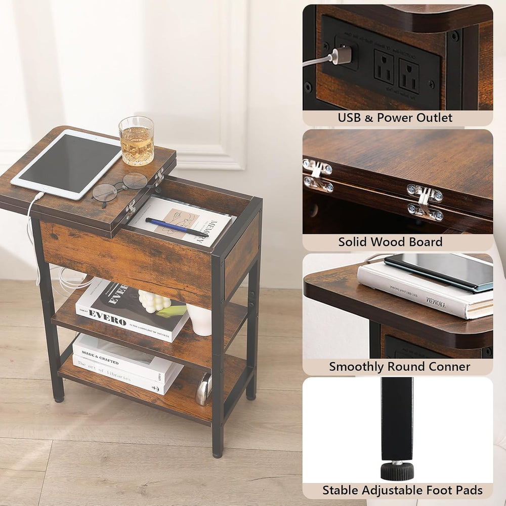 End Table with Charging Station, Narrow Side Table with USB Ports & Outle...