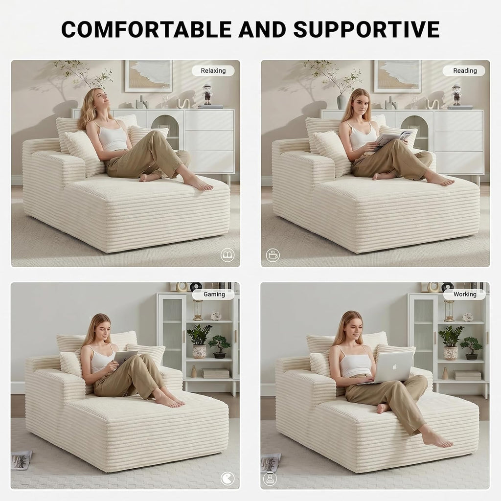 50" Chaise Lounge Chair Indoor, Oversized Boneless Cloud Couch Chair with 3 Pillows, Deep Seat Sleeper Chairs, Reading Chair for Living Room, Bed Room, No Assembly Required, Beige