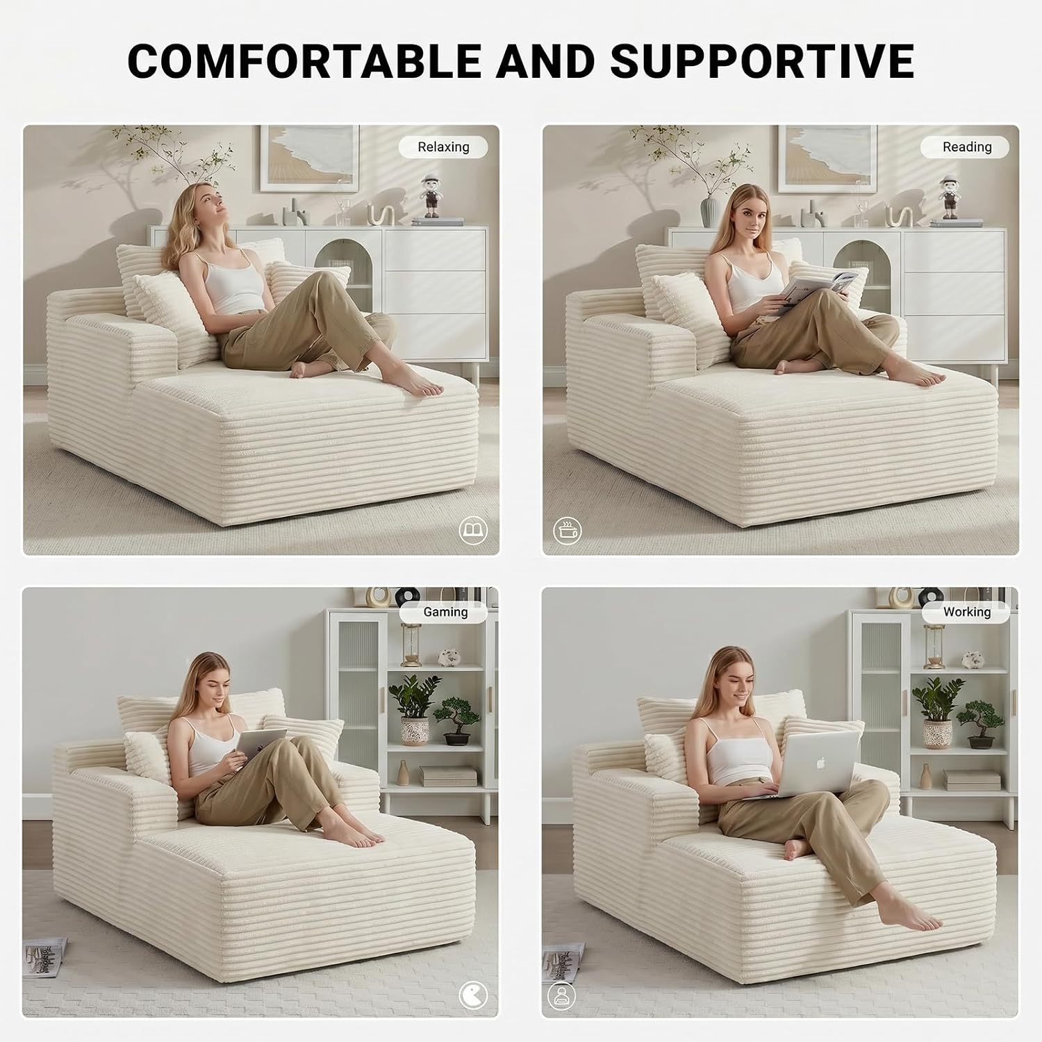 50" Chaise Lounge Chair Indoor, Oversized Boneless Cloud Couch Chair with 3 Pillows, Deep Seat Sleeper Chairs, Reading Chair for Living Room, Bed Room, No Assembly Required, Beige