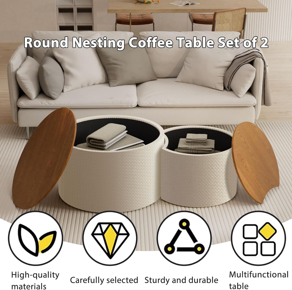 26.8 in White Round Storage Nesting Coffee Table Set of 2 | Modern Round Side...