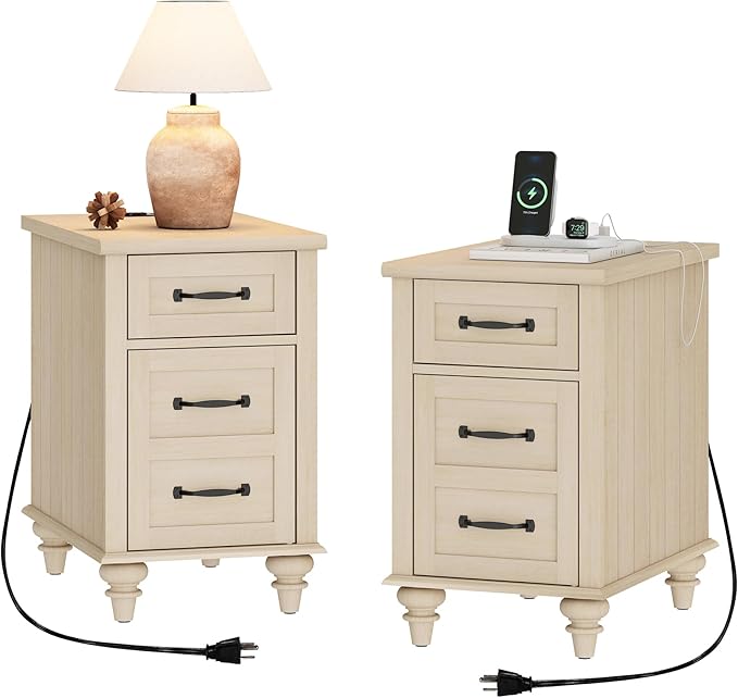 WAMPAT Set of 2 End Tables with Charging Station, Beige Tall Side Table with ...