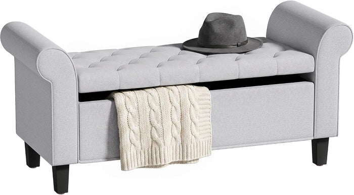 HOMCOM 47" Storage Ottoman Bench, Tufted Long Ottoman with Storage Chest, Rolled Arms, Safety Hinge, Wooden Legs, Upholstered End of Bed Bench, 528 lbs for Bedroom, Entryway, Living Room, Light Gray