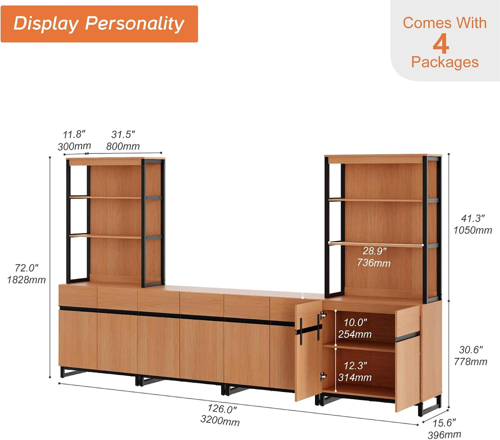 WAMPAT Modern Wall Unit TV Stand with 3 Tiers Bookshelf, Farmhouse Entertainm...
