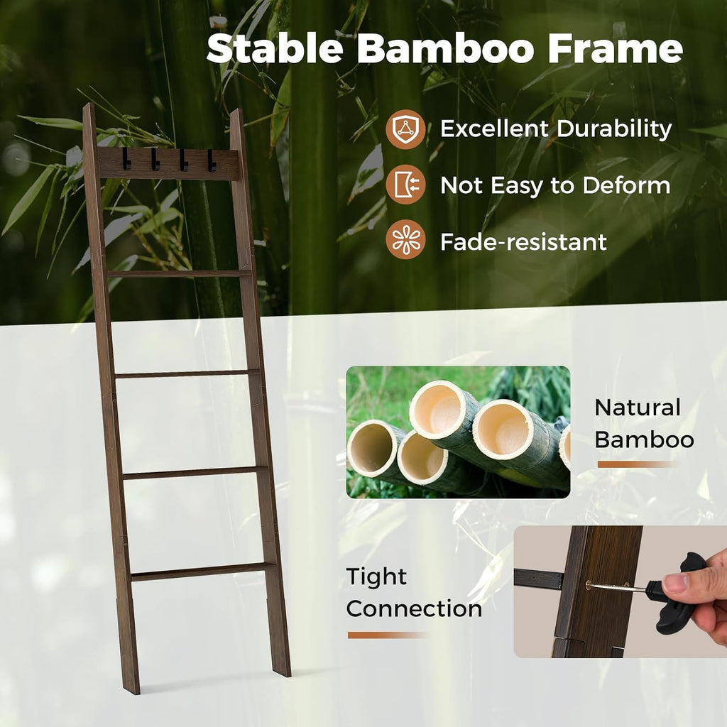 GOFLAME 5-Tier Blanket Ladder, 58.5” Bamboo Decorative Ladder Shelf with 4 Removable Hooks and 4 Deep Rungs, Wall Leaning Farmhouse Quilt Rack Holder for Living Room, Bedroom, Bathroom