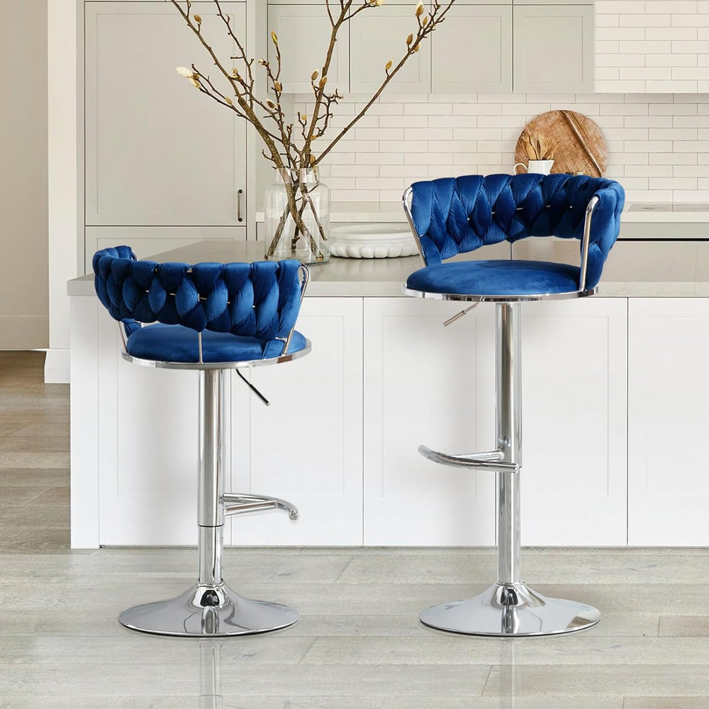 Blue Velvet Swivel Bar Stools Set of 2, Adjustable Counter Height Stools | Ki...