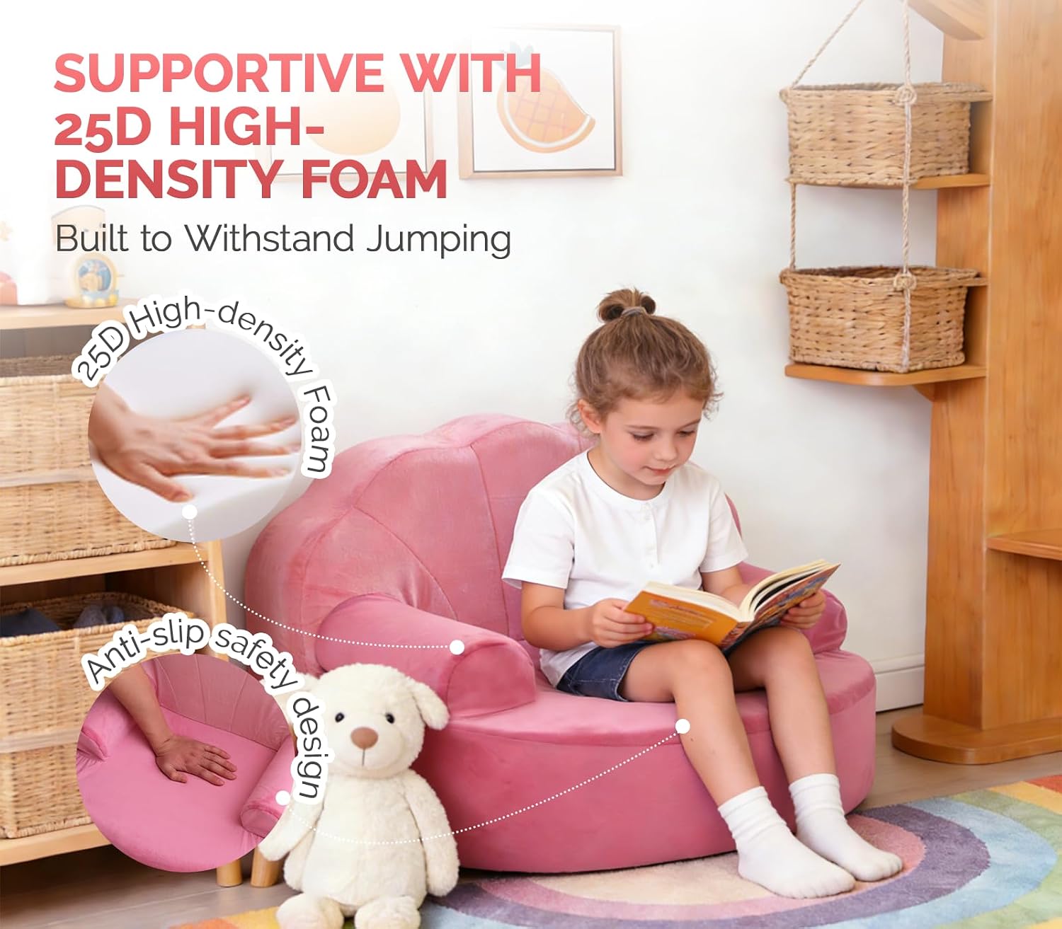 Snuggly Toddler Chair Soft Kids Sofa Cozy Kids Chairs Comfy for Toddlers 1-3, Plush Child Seat with Carry Handle