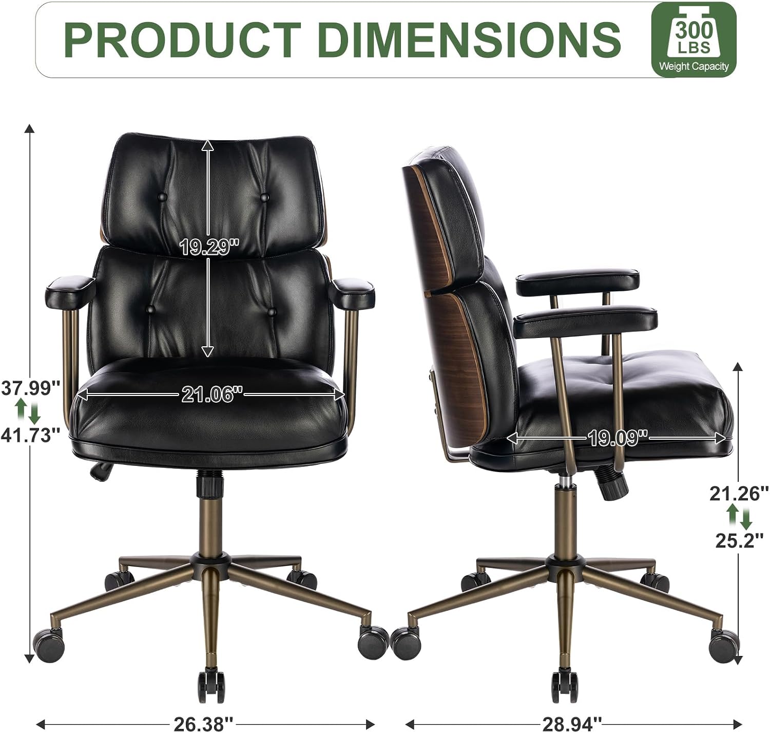 Mid-Century Modern Ergonomic Office Chair,Mid Back Faux Leather Executive Desk Chair with Walnut Bentwood,Tufted Adjustable Swivel Computer Chair for Home Office,Black