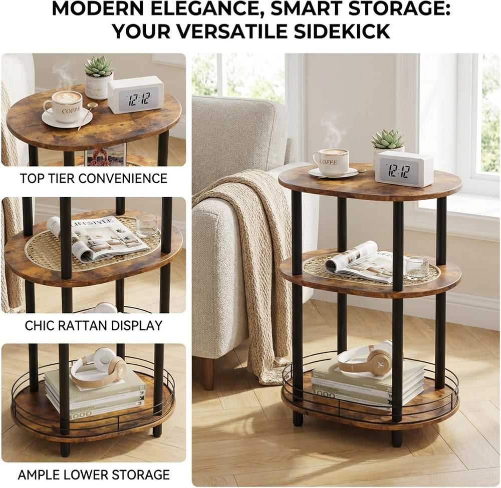 Small Rattan Side Table with Storage, 3 Tier Round/Oval End Table with Rattan...