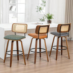 Swivel Bar Height Stools, Mid Century Modern Bar Stools wit Curved Back | Solid Bentwood Frame, Walnut Finish, Cane Back, PU Leather Upholstered Seat, Kitchen BarStools for Bar, Cafe, Pub, Restaurant