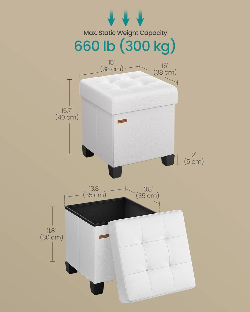 SONGMICS Storage Ottoman, Cube Ottoman with Legs, 15 x 15 x 15.7 Inches, Foot...