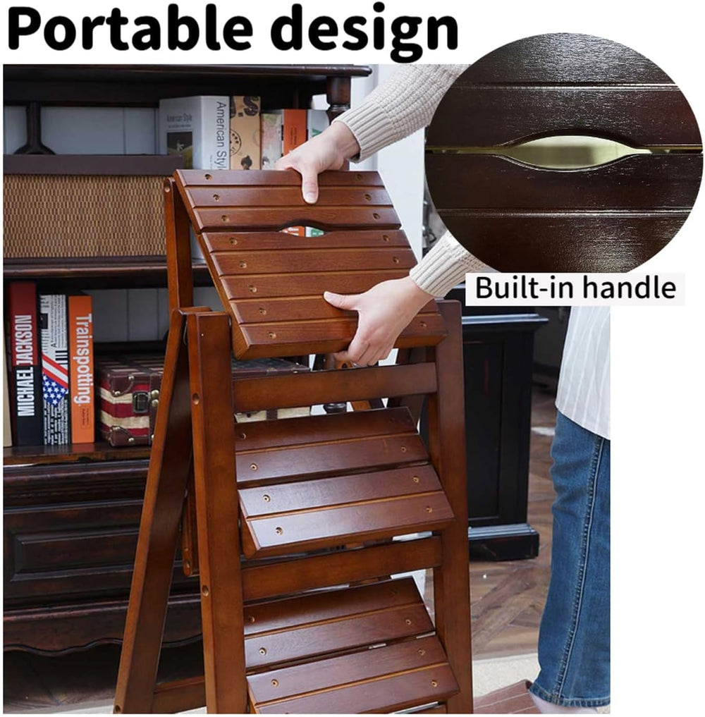 3 Step Stool Wooden Folding Ladder Chair Thickened Library Stair Chair Portab...