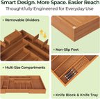 Carbonized Large Bamboo Kitchen Drawer Organizer, 12 Slots Expandable Silverware Organizer, Utensil Holder & Cutlery Tray, 2.5" Deep for Extra Capacity, Non-Slip Feet Included