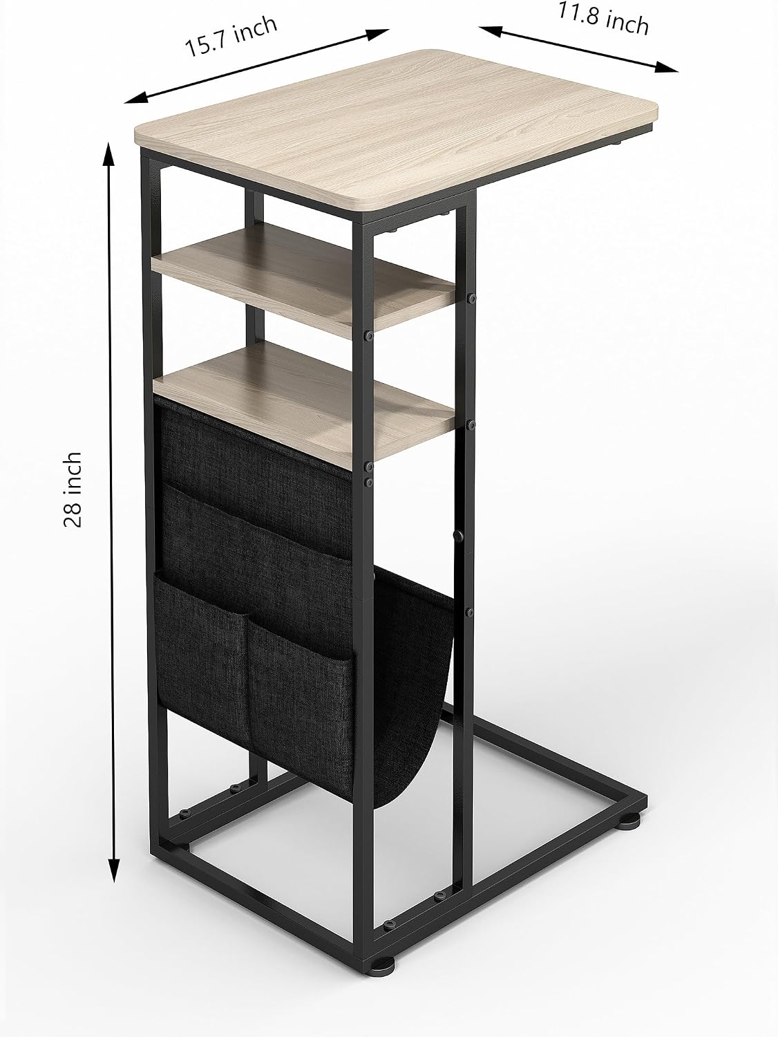 C Shaped End Table 28"(H) 3-Tier C Table with Storage Bag, Under Couch Table C-Shaped End Table with Storage Shelves and Bag for Living Room, Bedroom, or Office