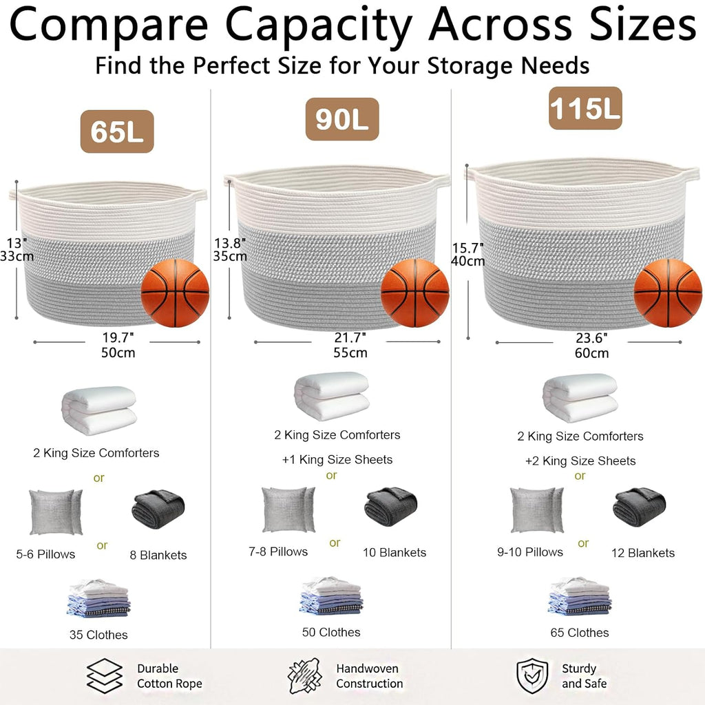90L Extra Large Blanket Basket,Woven Rope Laundry Basket-Grey | Collapsible, reinforced handles, nursery storage bin organizes clothes, toys and pillows for living room, bedroom bathroom