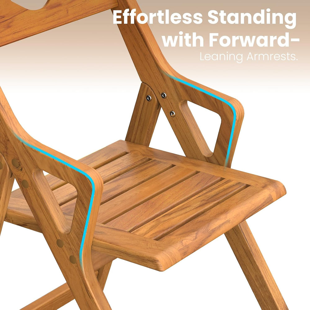 Folding Teak Shower Chair, Back & Armrests, 350lb Nonslip Senior Safety