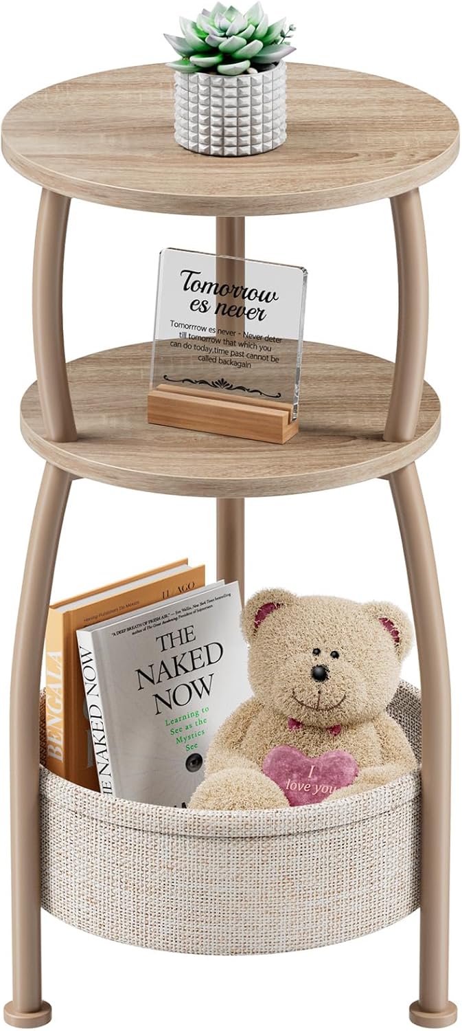 Small Side Table with Storage Basket, Space Saving Round End Table 3-Tier Bed...