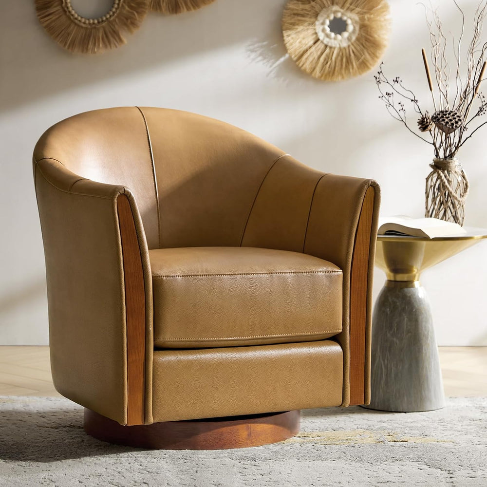 HULALA HOME Leather Swivel Accent Chair with Wood Base Set of 2, Camel | 360-...