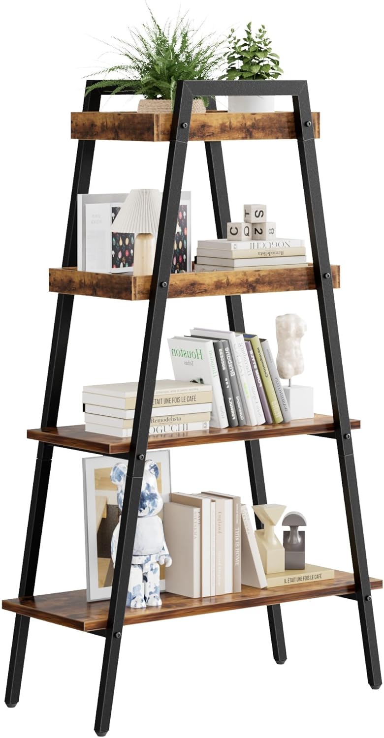 VECELO Ladder Shelf, 4-Tier Bookshelf with Enclosed Edges Design, Wooden Storage Rack Freestanding Bookcase for Living Room Home Office, Brown
