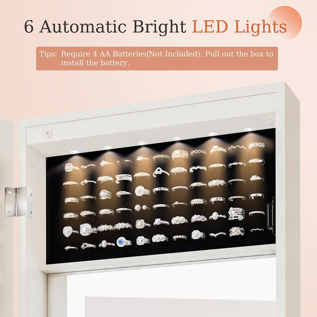 Unisakey Lockable Mirror Jewelry Cabinet LED Lights Wall Mount White | Door or Wall Mount Flexible,Drawers Cosmetic Trays Shelves Inside,Built-in Full-Length Mirror,Dimensions 14.4"×3.15"×43.1"