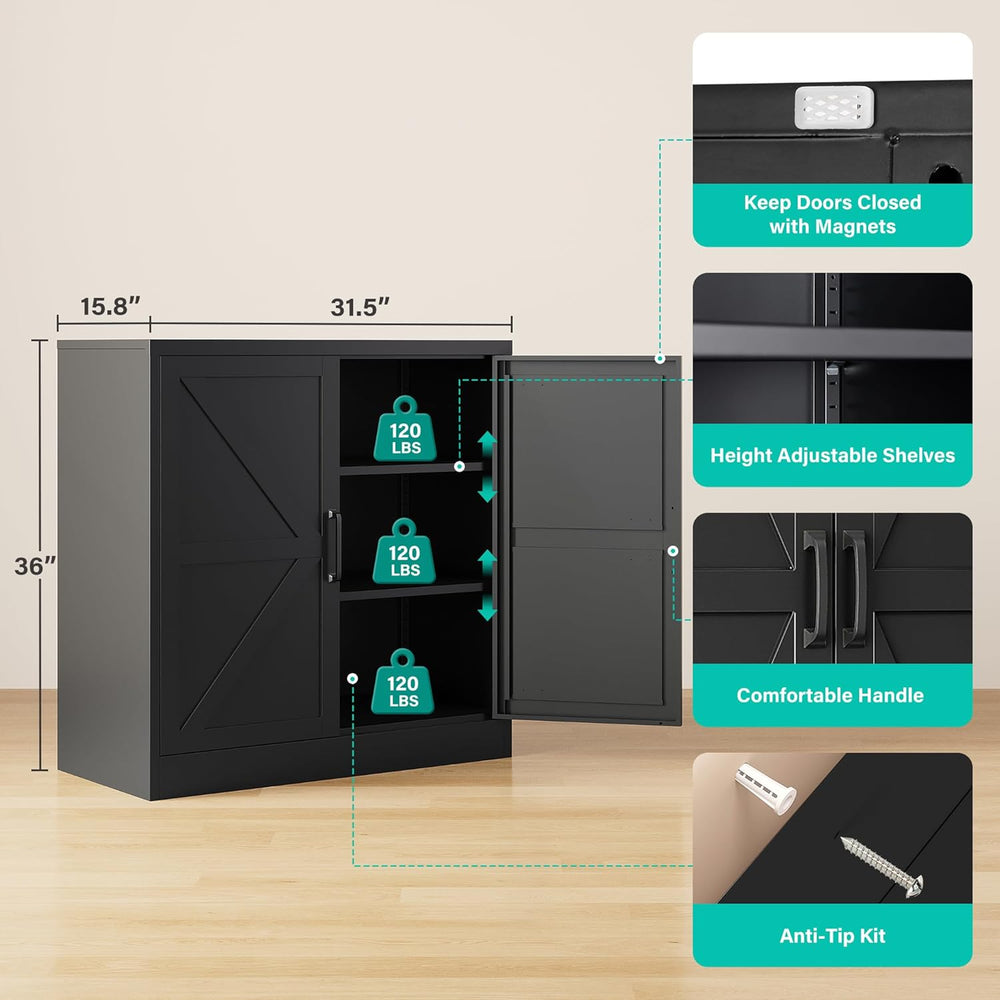 Black Storage Cabinet with Doors and Adjustable Shelves,36" Tall Farmhou...
