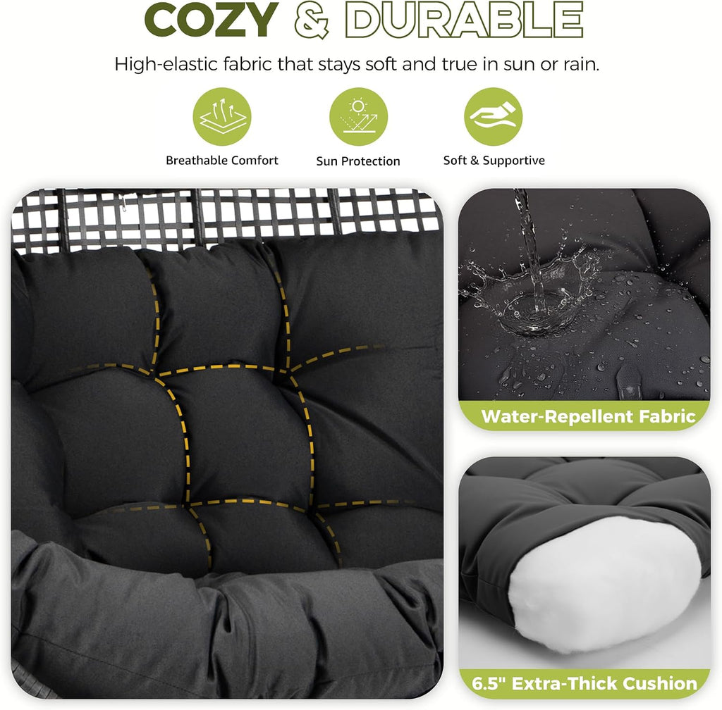 RADIATA Double Egg Chair with Ottoman, 2 Person Outdoor Wicker Loveseat | Outdoor foot rest for Patio, 57.1" Extra Wide Indoor Lounge Chairs, 6.5" Grey Cushion, 2 Seater Person Wicker Seating