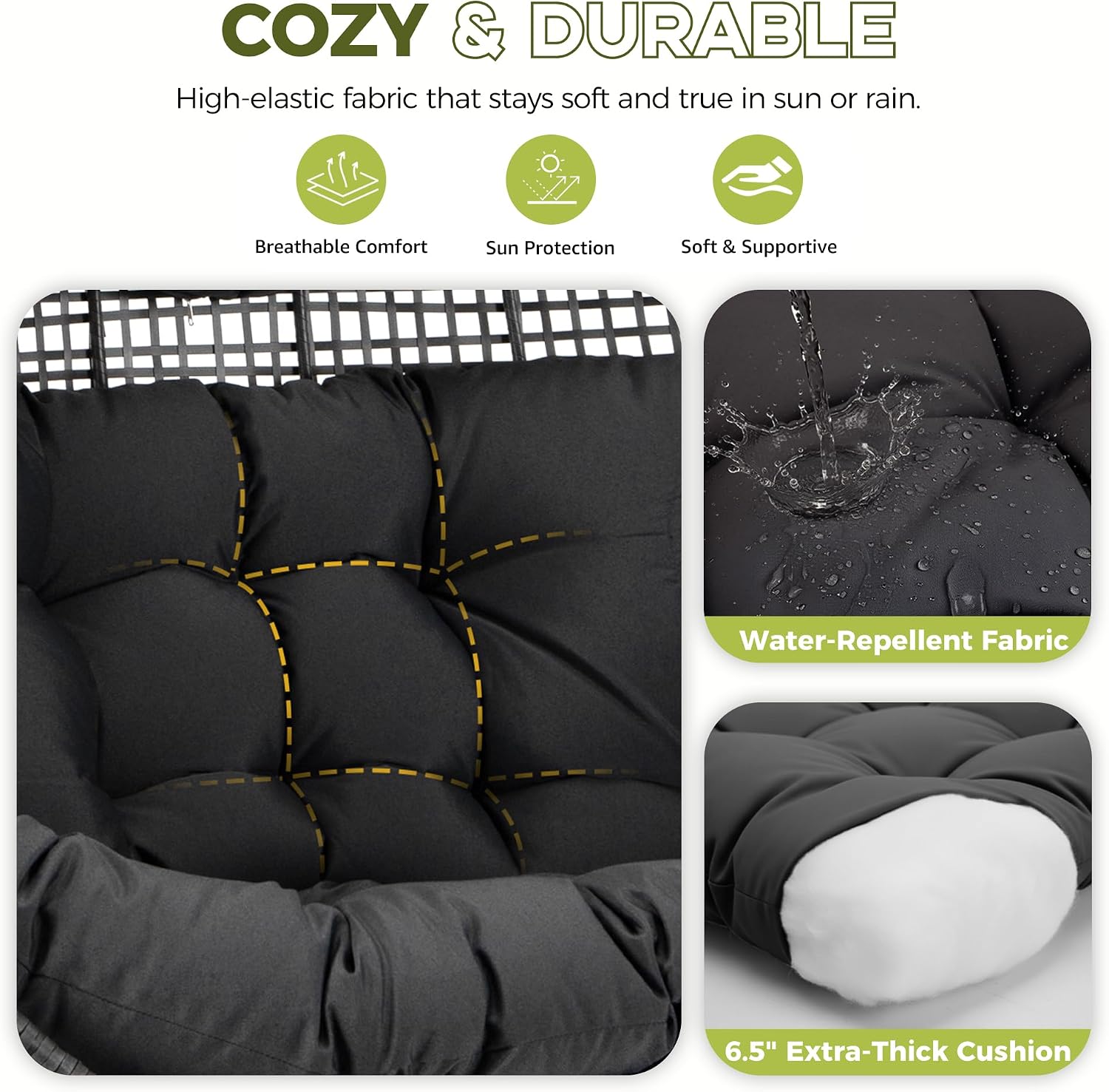 RADIATA Double Egg Chair with Ottoman, 2 Person Outdoor Wicker Loveseat | Outdoor foot rest for Patio, 57.1" Extra Wide Indoor Lounge Chairs, 6.5" Grey Cushion, 2 Seater Person Wicker Seating