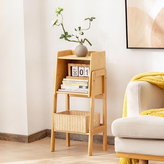 Welnow Bamboo Bookcase with Cabinet, Natural End Table with 1-Tier Storage Sh...