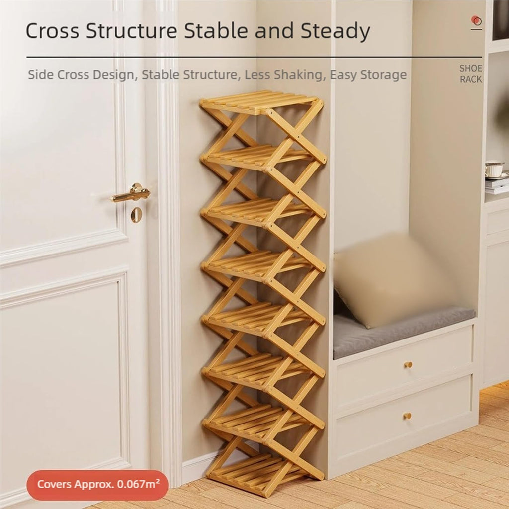 Bambooshoe Storage Rack, The 2-10-tier No-Assembly Bambooshoe, Natural or Tea Color, 2026 Upgraded Foldable 9 Bambo-o Corner Shoe Space Saving for Entryway Dorm