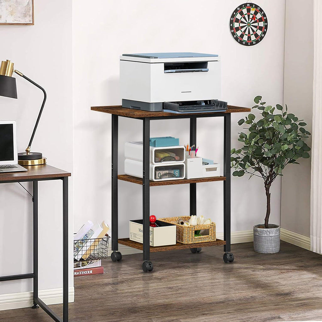 Lerliuo 3-Tier Printer Stand, Industrial Mobile Printer Table with Storage Shelf and Steel Frame, Rolling Printer Cart Holder with Lockable Wheels for Home, Office (Brown)