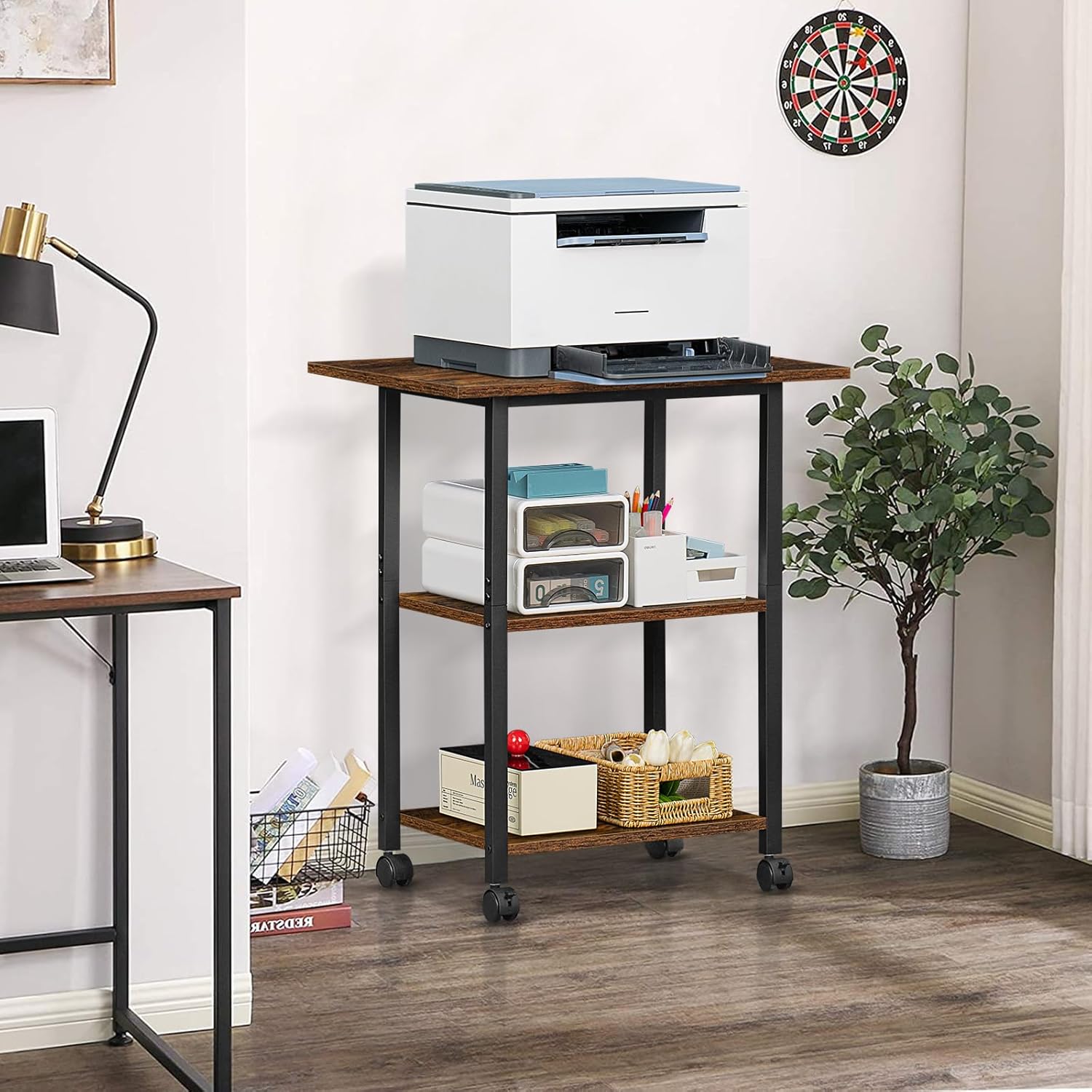 Lerliuo 3-Tier Printer Stand, Industrial Mobile Printer Table with Storage Shelf and Steel Frame, Rolling Printer Cart Holder with Lockable Wheels for Home, Office (Brown)