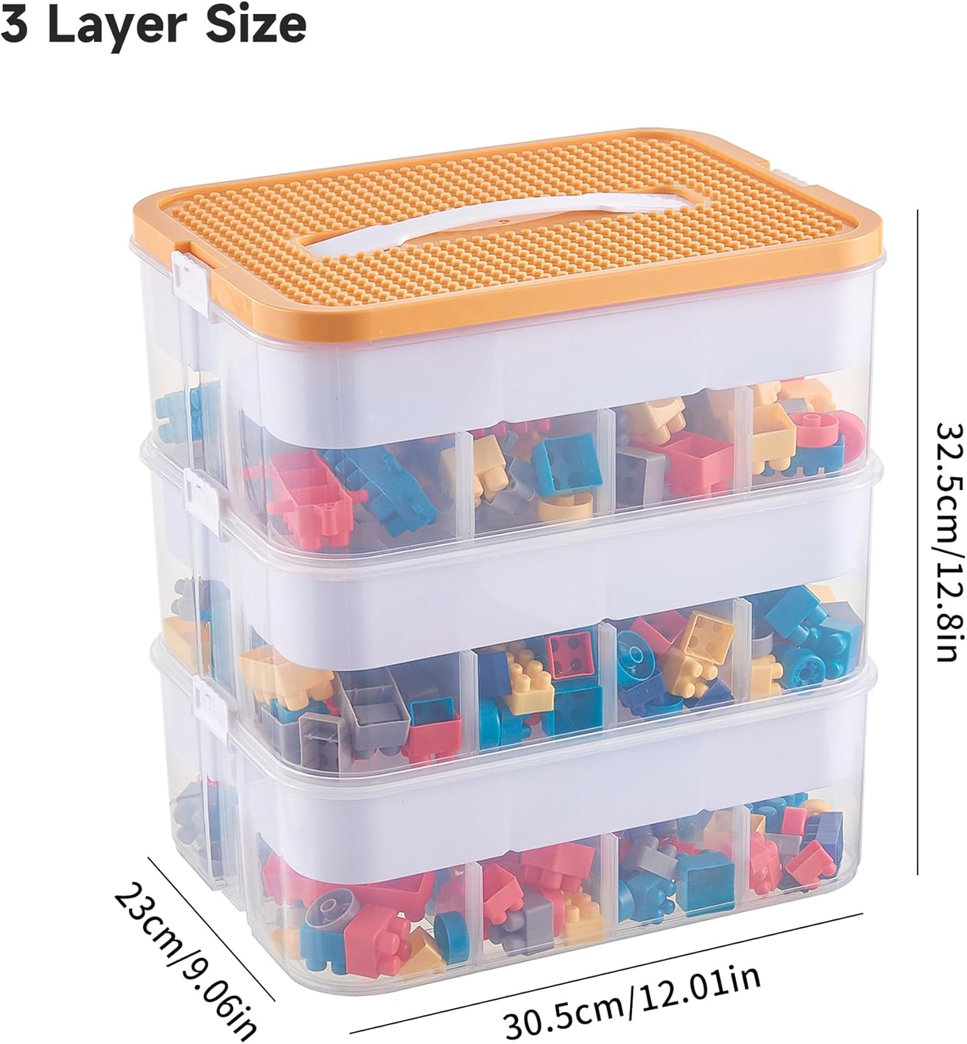 Organizers Storage Box for lego: Plastic Stackable Storage Case with Building Blocks Lids, Containers with Carrying Handle and Adjustable Grid Organizers,3Layer Orange