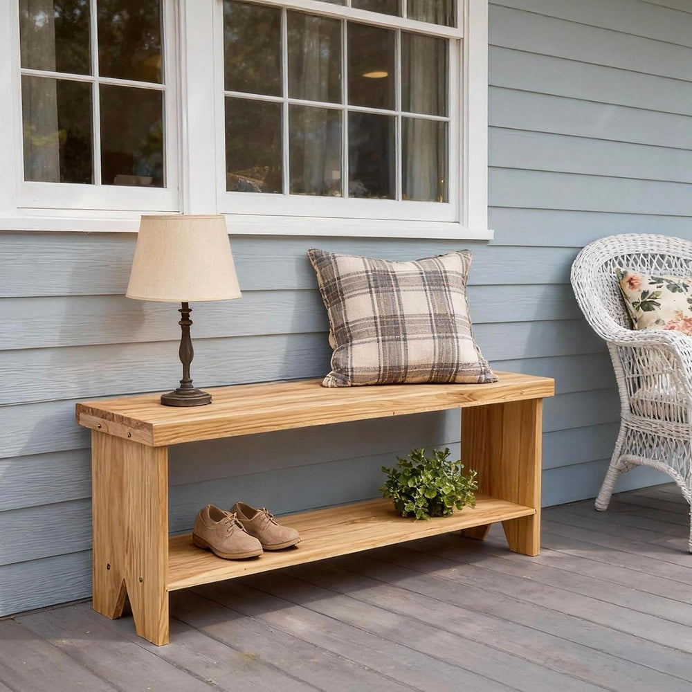 43" Solid Wood Farmhouse Bench, Entryway Bench with Storage Shelf, Narro...