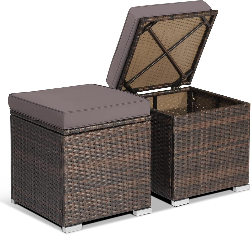 HAPPYGRILL 2PCS Patio Ottoman Set Outdoor Wicker Stool with Storage, Rattan F...