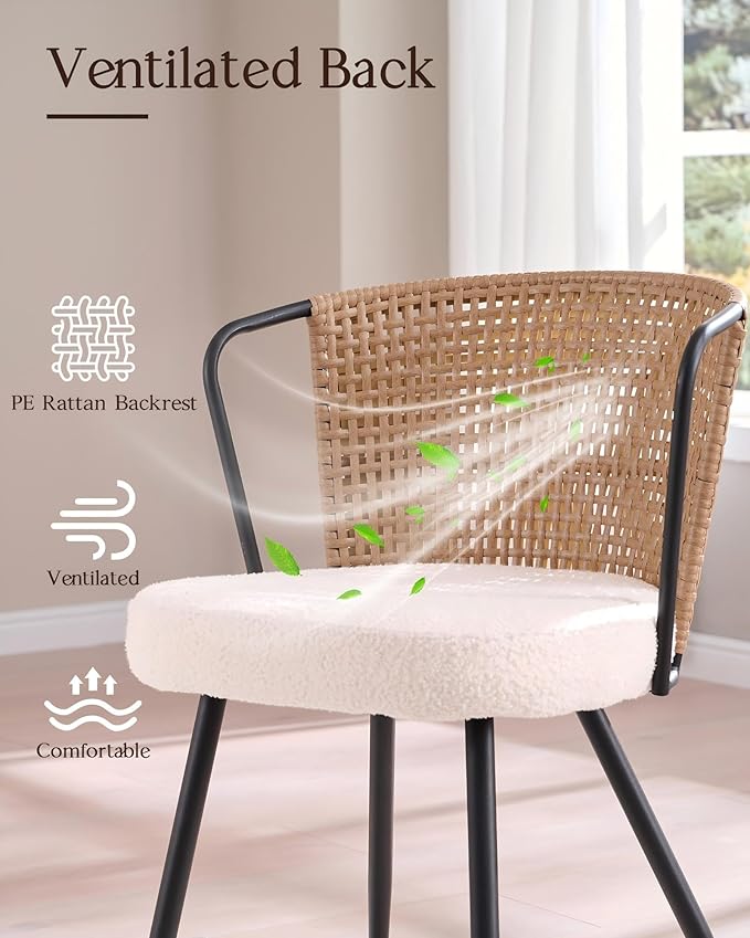 BedsPick Rattan Dining Chairs Set of 4 - Farmhouse Upholstered Cane Back Kitchen Chair with Boucle Cushion, Wingback Dining Room Seat with Metal Legs for Home, Kitchen (Brown)