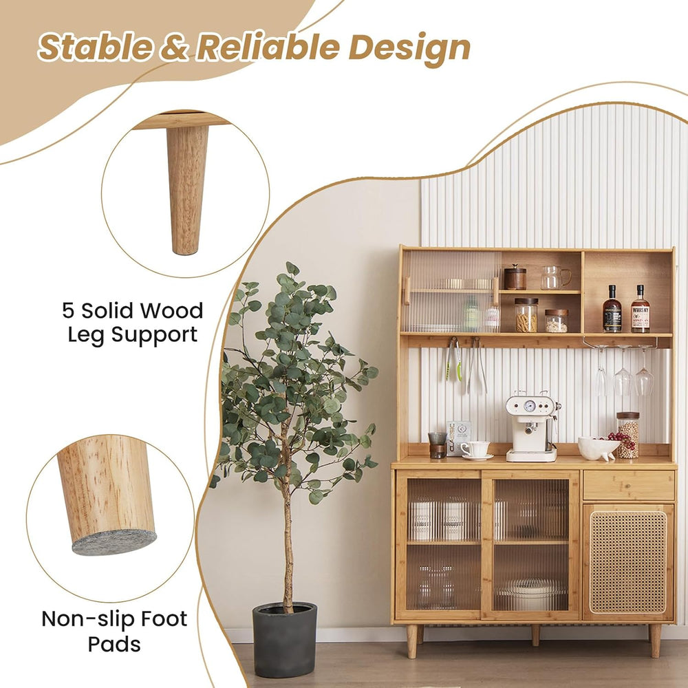 67" Tall Kitchen Pantry Storage Cabinet, Bamboo Hutch Cabinet with Micro...