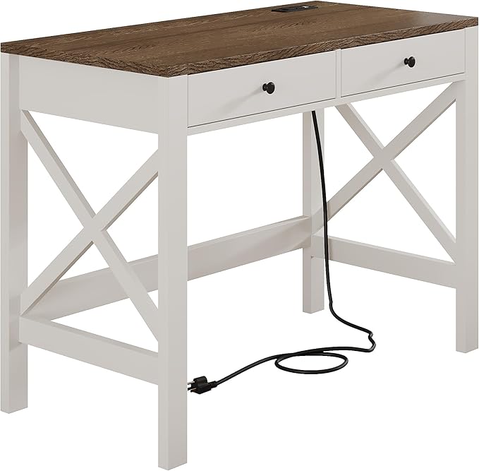 ChooChoo Farmhouse Desk with USB Charging Ports and Power Outlets, 39" Computer Desk with Drawers, Small Study Writing Table with Stable X Frame for Home Office