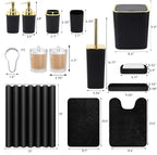 Bathroom Set with Shower Curtain and Rugs- 25PC Bathroom Accessory Set, Black Shower Curtain Set, Toilet Brush, Trash Can, Qtip Holder Dispenser & Soap Dispenser