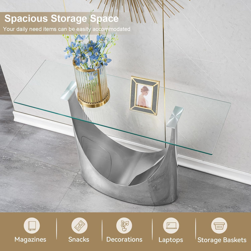 Luxury Silver Glass Console Table, Modern 47" Rectangle Entryway Table w...