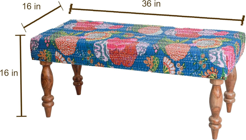 Desi Favors Blue Kantha Bench - Indian Cairo Wooden Bench - Handmade Kantha C...