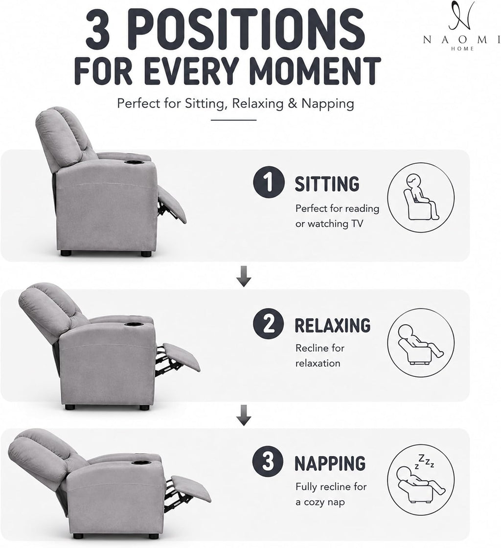 Naomi Home Suri Kids Recliner Chair: 150 Lbs Capacity & Solid Hardwood Frame for Ultimate Durability. Built to Grow Toddler & Children Sofa with Cup Holder, Footrest & 3 Recline Positions - Gray