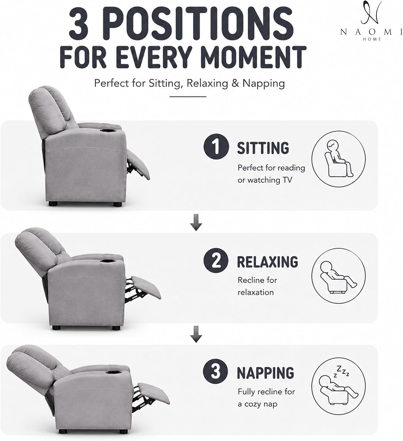 Naomi Home Suri Kids Recliner Chair: 150 Lbs Capacity & Solid Hardwood Frame for Ultimate Durability. Built to Grow Toddler & Children Sofa with Cup Holder, Footrest & 3 Recline Positions - Gray