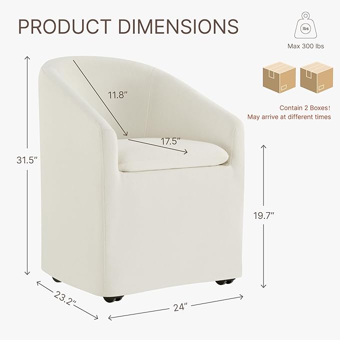 Upholstered Dining Chairs with Casters, Washable Cover Modern Dining Room Chairs with Barrel Backrest & Dual Armrest for Kitchen, Living Room, Bedroom, Linen Fabric, 2PCS