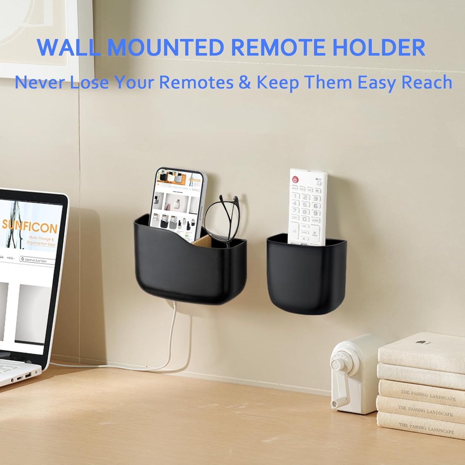 SUNFICON Remote Holder Wall Mount TV FAN Remote Control Holder Bedside Caddy Wall Organizer Phone Holder for Office Adhesive Media Player Controller Holder Box Tray Home Desk Nightstand Black 2 Small